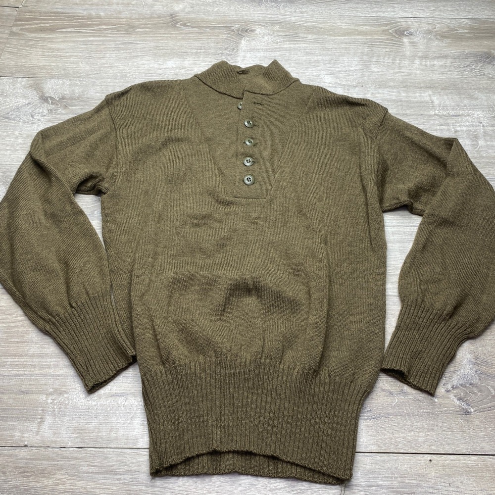 US Military Sweater 5-Button Henley Mens Large Olive Drab 100% Wool Mitts